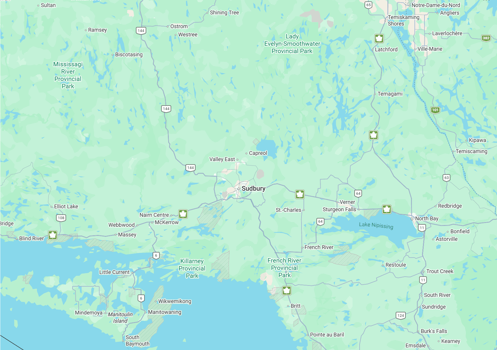 Map of Greater Sudbury and nearby Ontario service routes